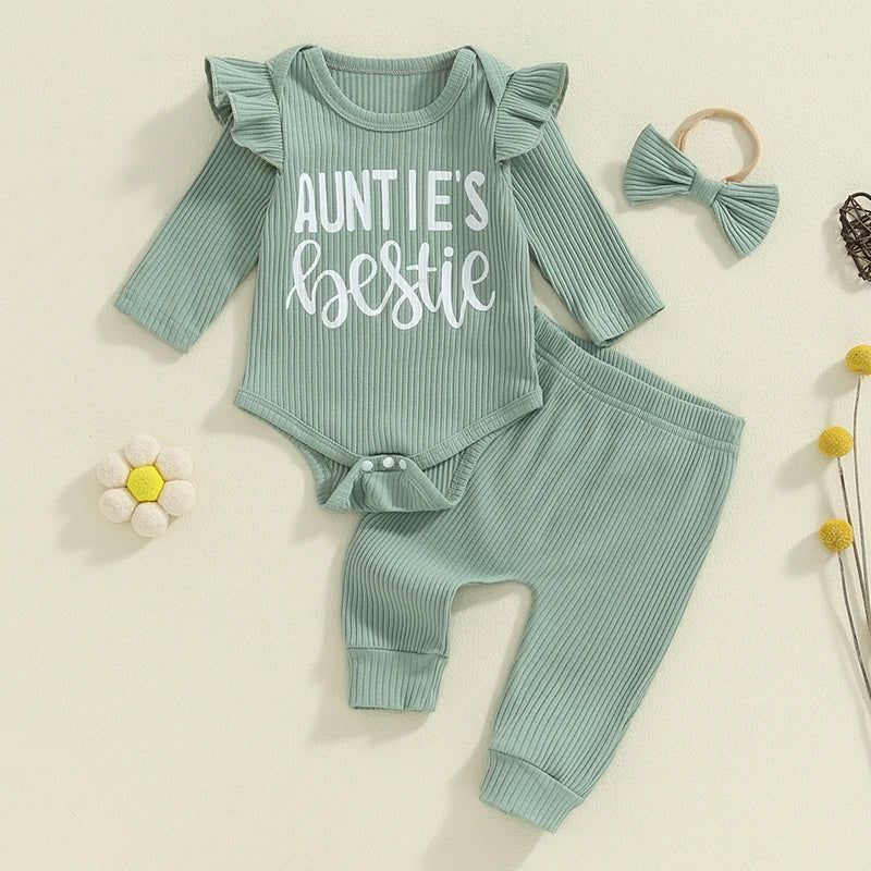 Lioraitiin Baby Girls Ribbed Set Letter Print Long Sleeve Round Neck