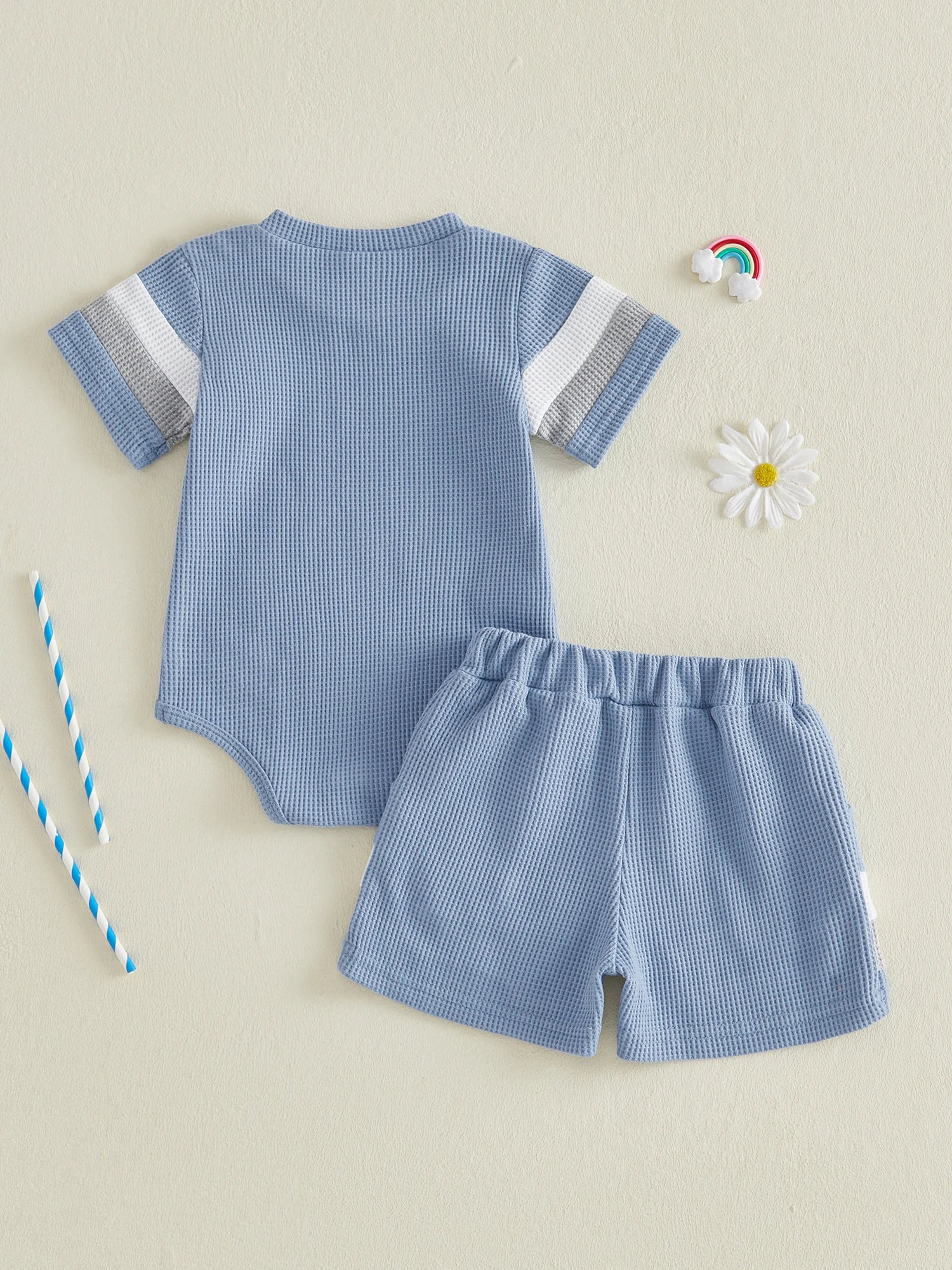 Lioraitiin Baby Boys Sets Fashionable Stripe Trim Short Sleeve Romper