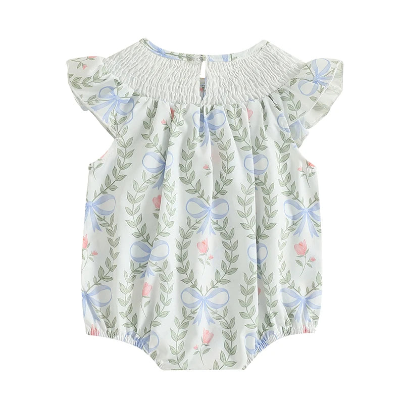 Lioraitiin Baby Girls Romper Fly Sleeve Crew Neck Bow Leaves Print