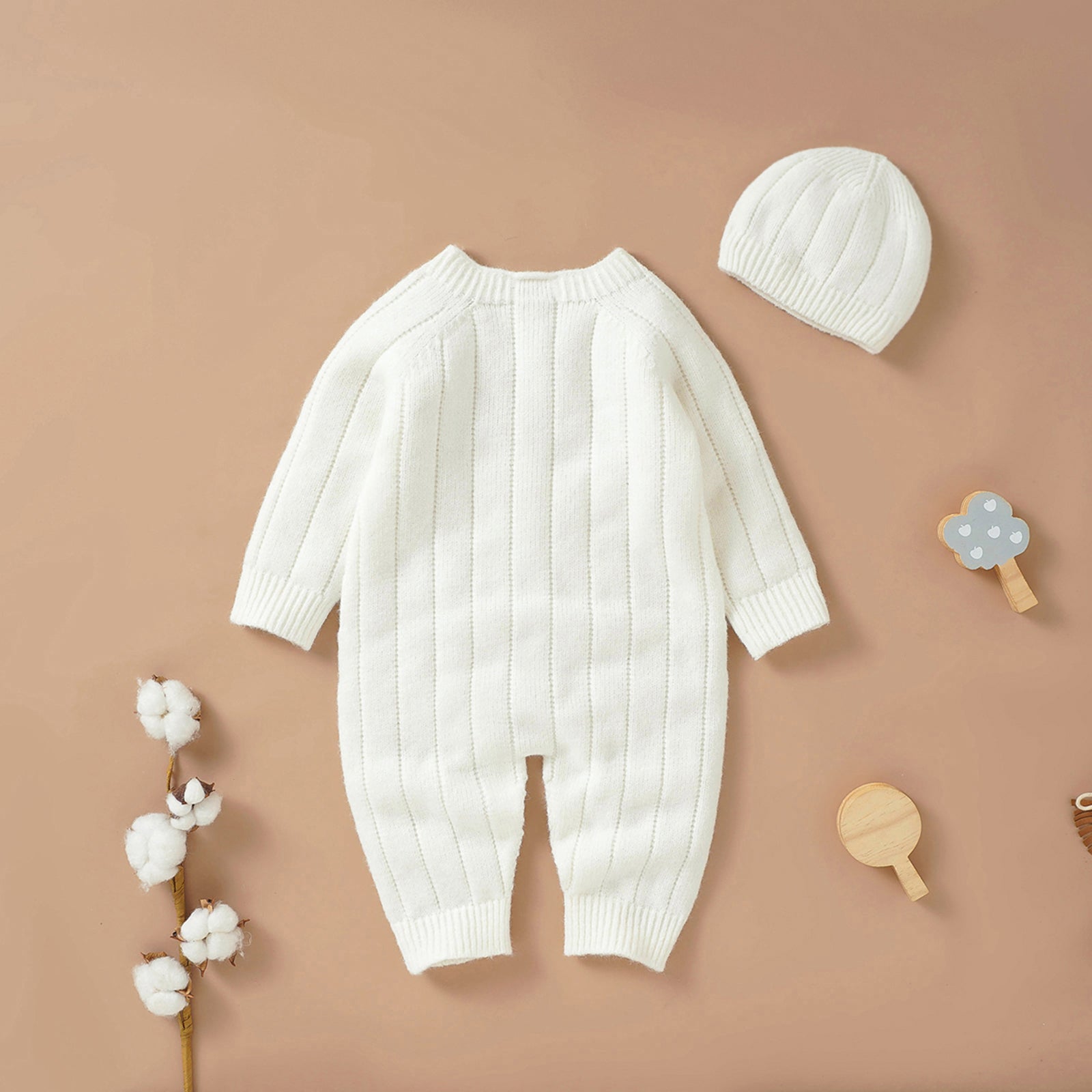 Lioraitiin Infant Jumpsuit and Cap, Solid Color Long Sleeve