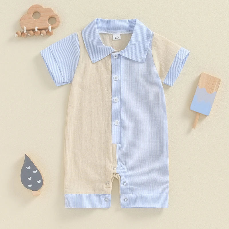Lioraitiin Baby Boy Jumpsuit Short Sleeve Lapel Collar Stripes Print
