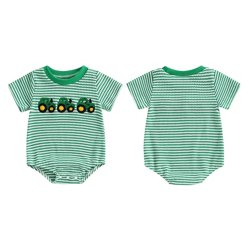 Lioraitiin Baby Girls Boys Rompers Waffle Truck Embroidery Stripe