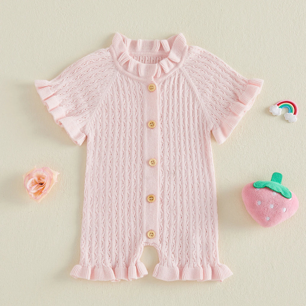 Lioraitiin Newborn Baby Girl Knit Romper Ruffle Trim Short Sleeve
