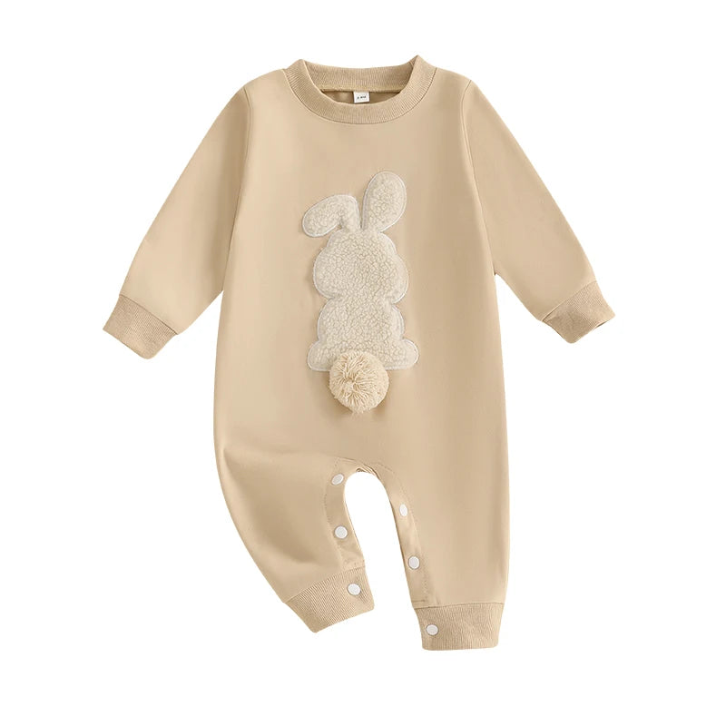Lioraitiin Baby Girls Boys Easter Rompers Plush Bunny Embroidery Fur