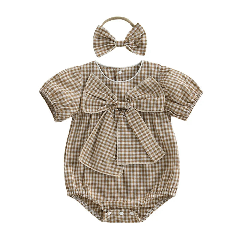 Lioraitiin Baby Girls Sweet Romper Short Sleeve Round Neck Plaid