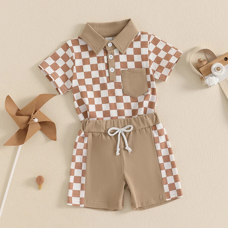 Lioraitiin Toddler Boys Shorts Sets Short Sleeve Lapel Checkerboard