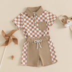 Lioraitiin Toddler Boys Shorts Sets Short Sleeve Lapel Checkerboard