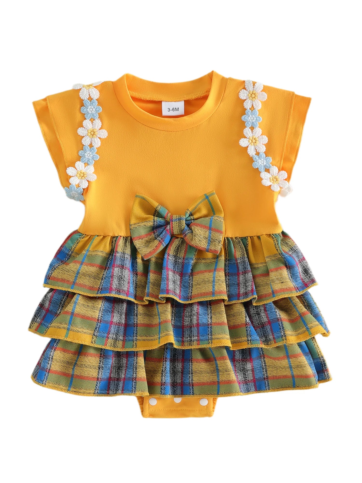 Lioraitiin Baby Girls Rompers Floral Embroidery Plaid Ruffles Skirt
