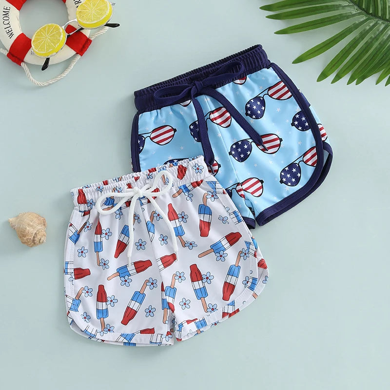 Lioraitiin Toddler Boy 4th of July Swim Trunks with Drawstring Ice