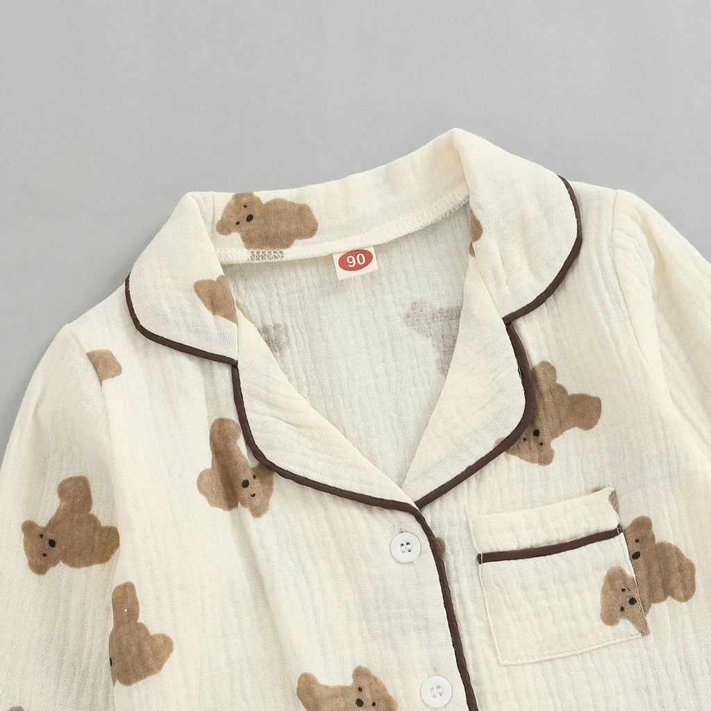 Lioraitiin 0-6Years Kids Unisex Pajama Suit Bear Printed Long Sleeve