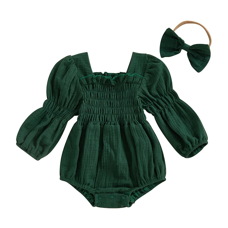 Lioraitiin Baby Girls Romper Long Sleeve Square Neck Solid Color