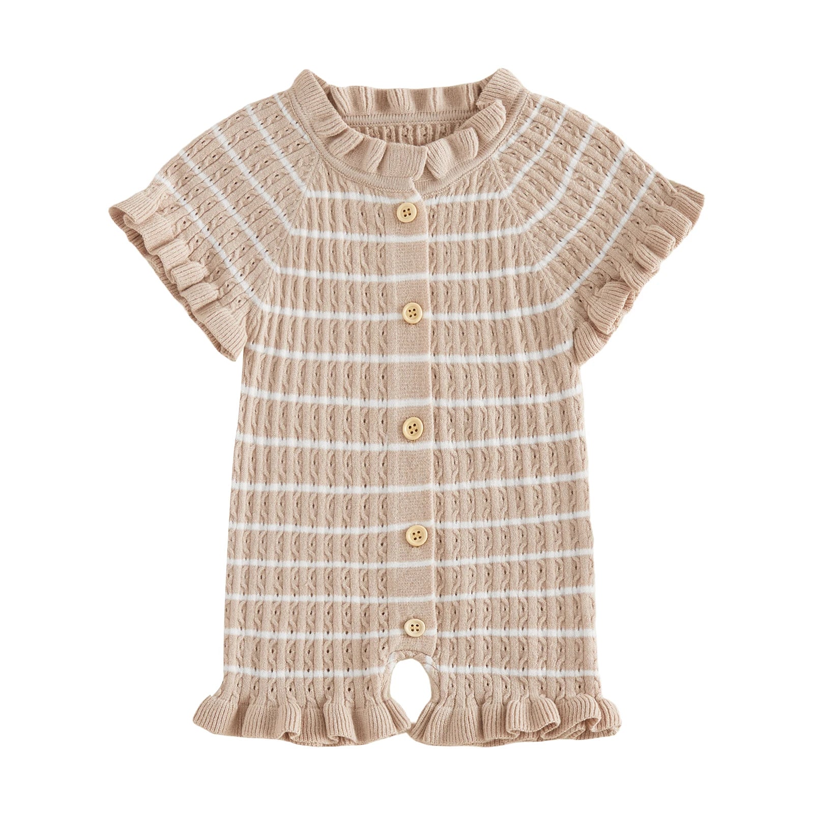 Lioraitiin Newborn Baby Girl Knit Romper Ruffle Trim Short Sleeve