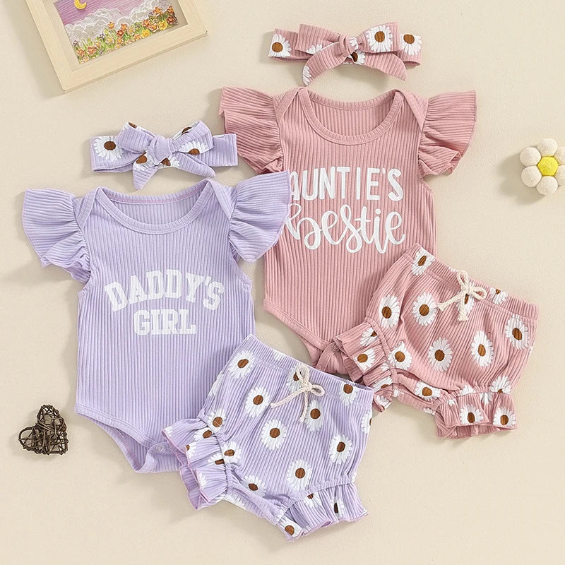 Lioraitiin 0-18M Baby Girls Shorts Sets Flying Sleeve Letter Print
