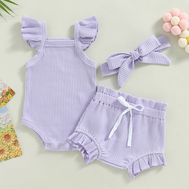 Lioraitiin 0-18M Toddler Girls 3Pcs Fly Sleeve Solid Romper Tops