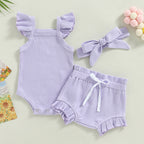 Lioraitiin 0-18M Toddler Girls 3Pcs Fly Sleeve Solid Romper Tops