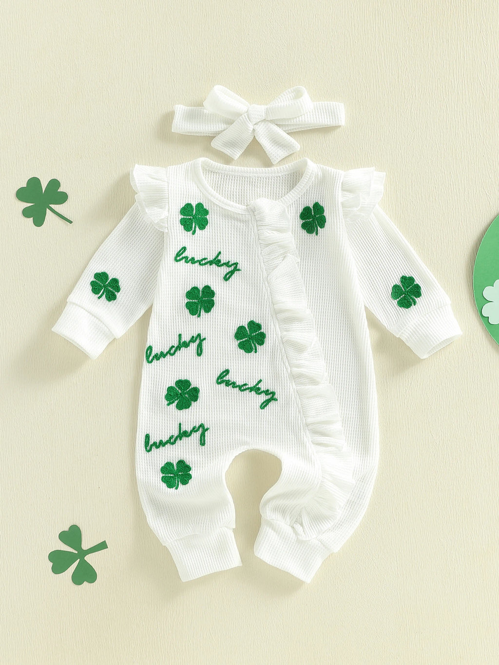 Lioraitiin Baby Girl Outfit Clover Letters Embroidery Ruffle Long