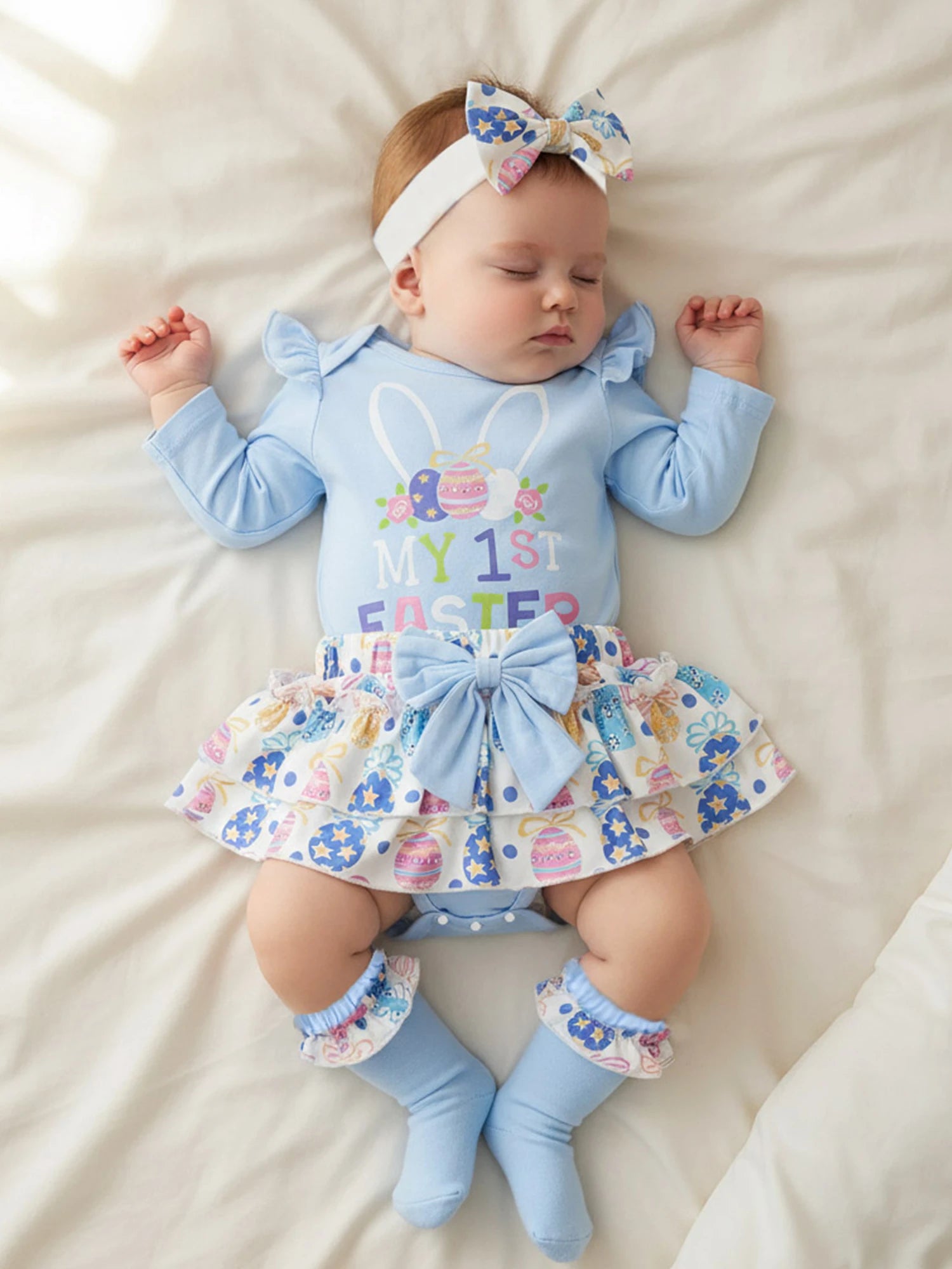 Baby Girl Easter Outfit, Long Sleeve Letters Romper with Eggs Print
