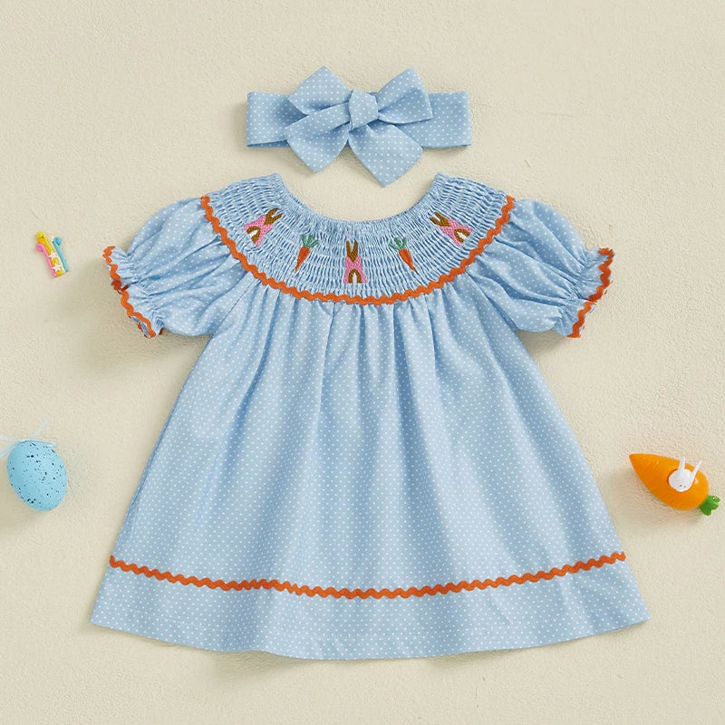 Lioraitiin Toddler Girls Easter Dress Rabbit Carrot Embroidery Short