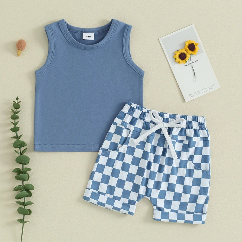lioraitiin Baby Boy Solid Sleeveless Tank Top Checkered Shorts 2Pcs