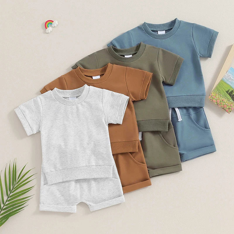 Toddler Baby Solid Color Short Sleeve Round Neck T-Shirt with Shorts