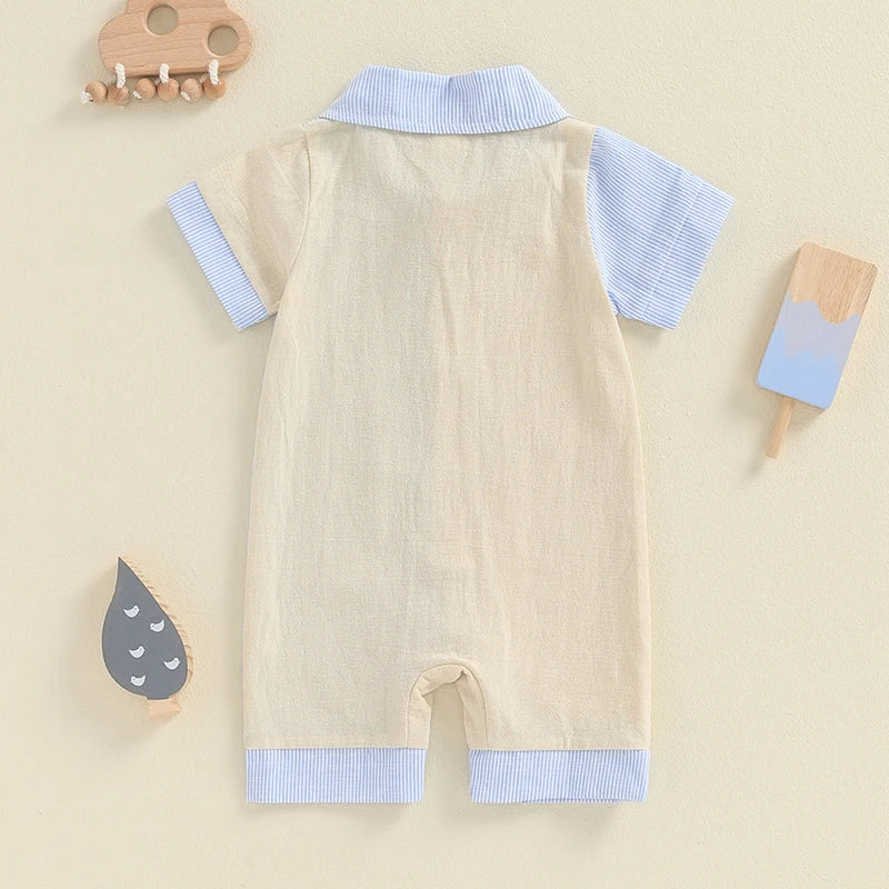 Lioraitiin Baby Boy Jumpsuit Short Sleeve Lapel Collar Stripes Print