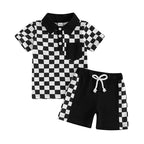 Lioraitiin Toddler Boys Shorts Sets Short Sleeve Lapel Checkerboard