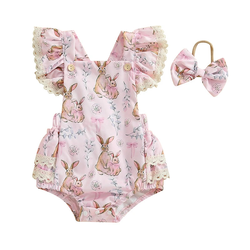 Lioraitiin Baby Girls Easter Outfits Flower Bunny Print Lace Trim