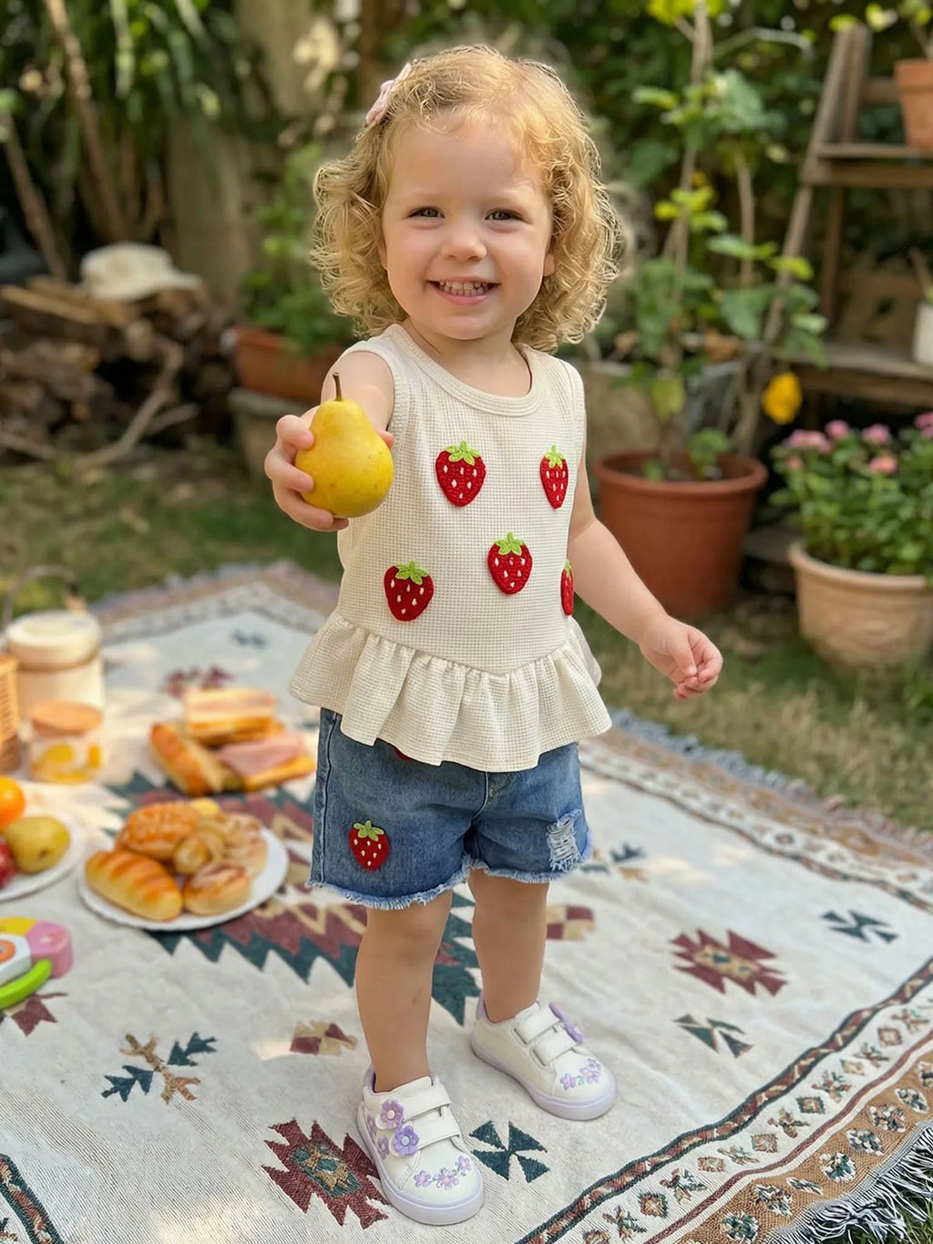 Baby Girls Outfits Floral Strawberry Patch Tank Tops and Ripped Denim