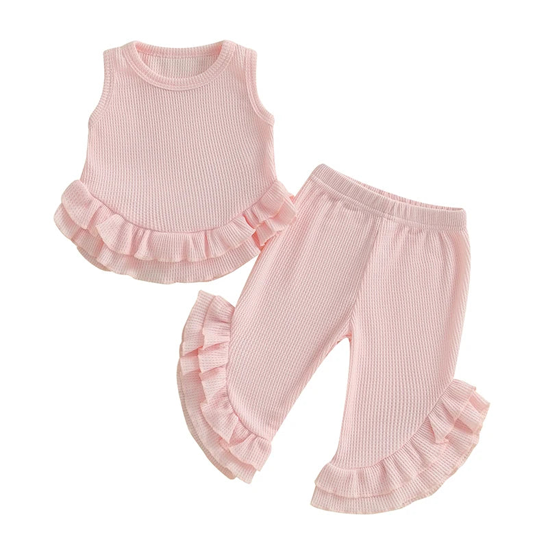 Lioraitiin Toddler Girl Outfits Solid Waffle Round Neck Ruffled Tank