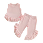 Lioraitiin Toddler Girl Outfits Solid Waffle Round Neck Ruffled Tank