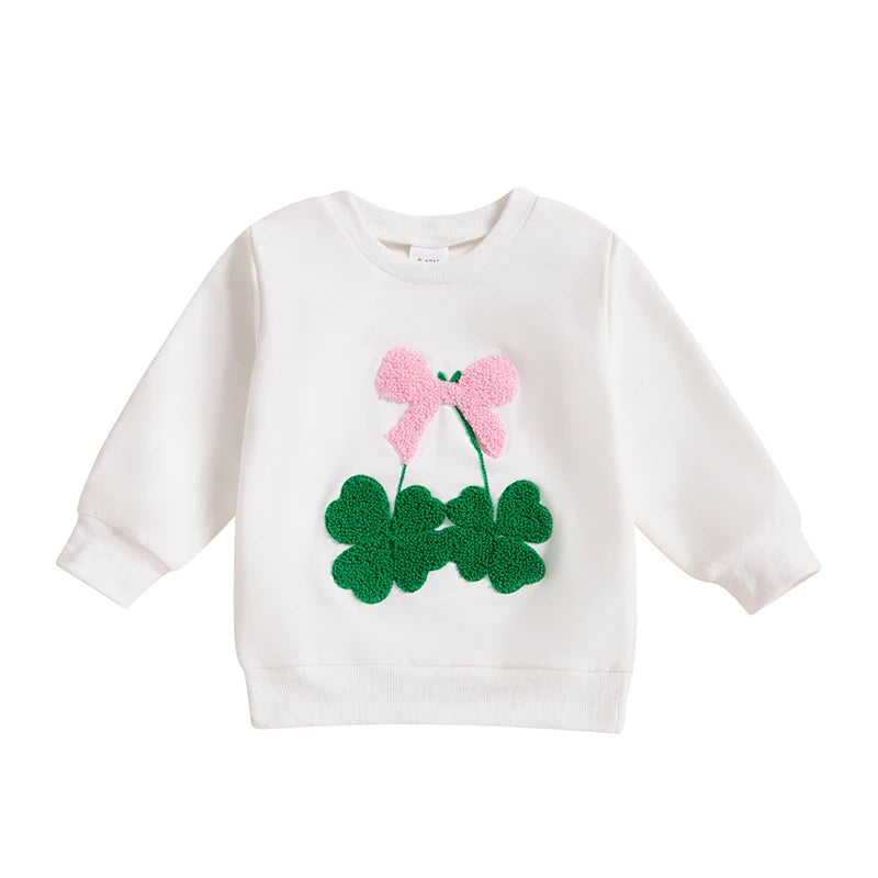 Toddler Baby Girl Irish Sweatshirt Bow Clover Embroidery Long Sleeve
