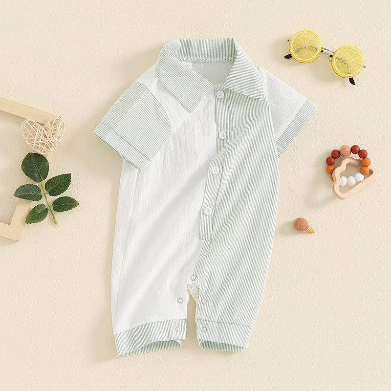 Lioraitiin Baby Boy Jumpsuit Short Sleeve Lapel Collar Stripes Print
