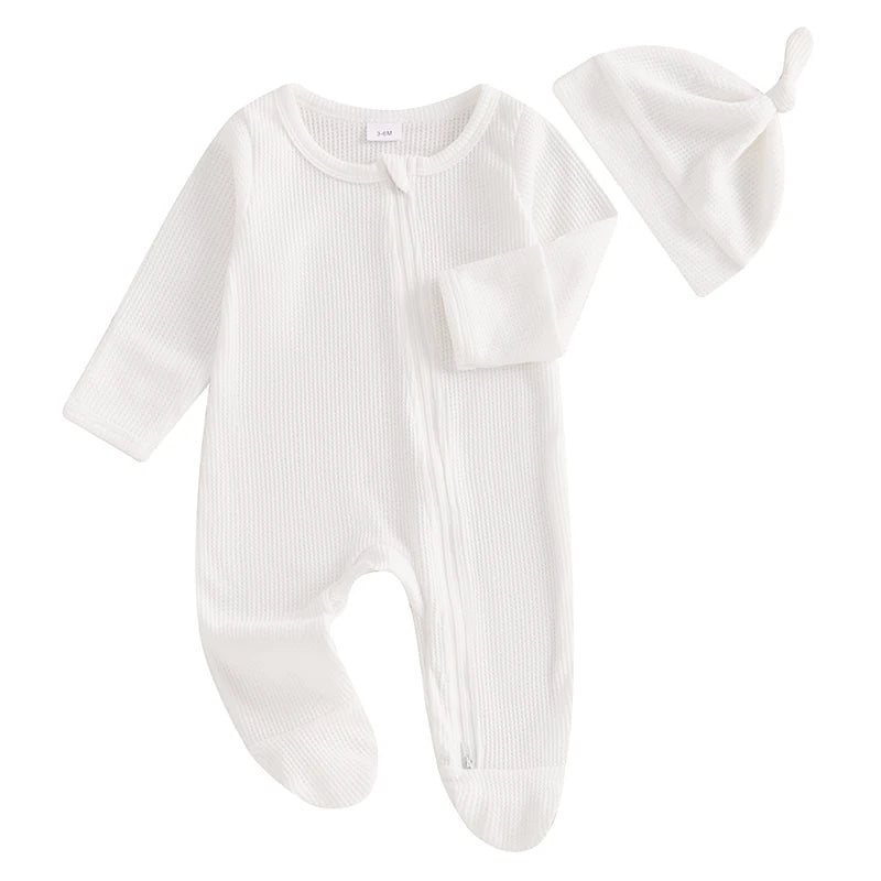 Lioraitiin Newborn Baby Footed Romper Solid Color Waffle Long Sleeve