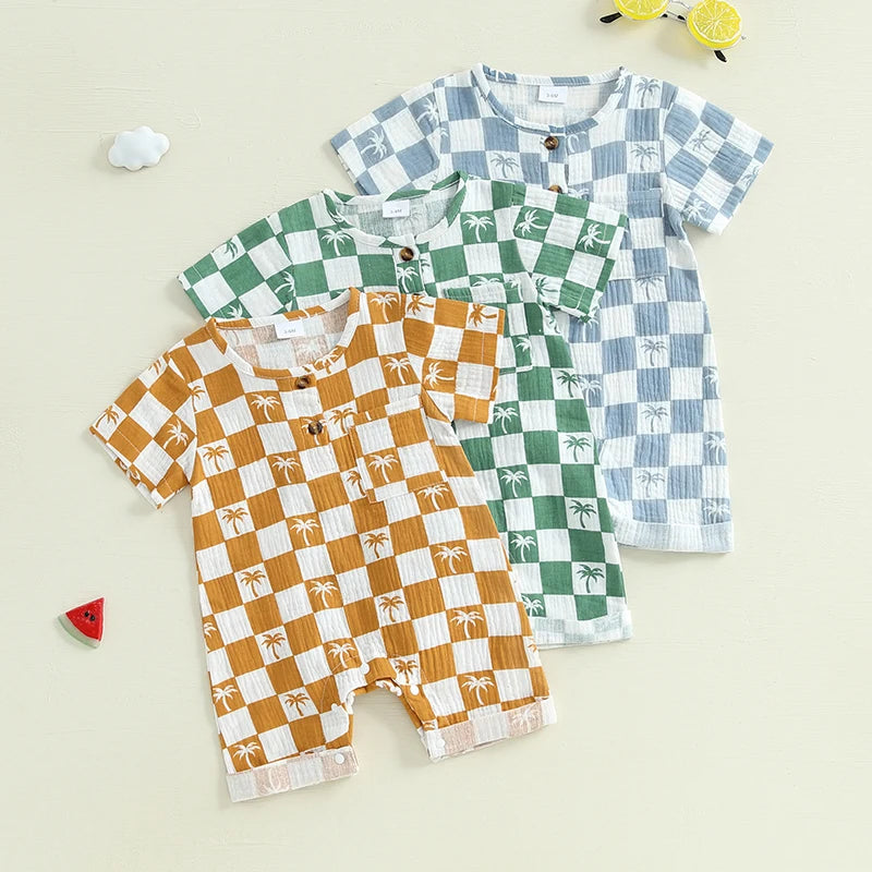 Lioraitiin Newborn Baby Boy Romper Short Sleeve Round Neck Checkered
