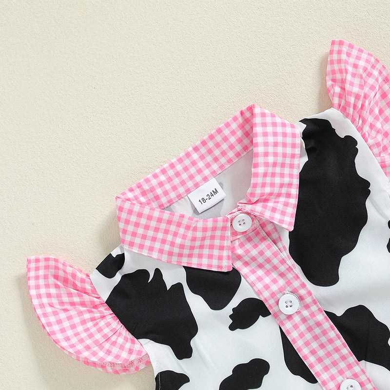 Lioraitiin Baby Girl 2Pcs Western Outfits Fly Sleeve Cow Print Shirt