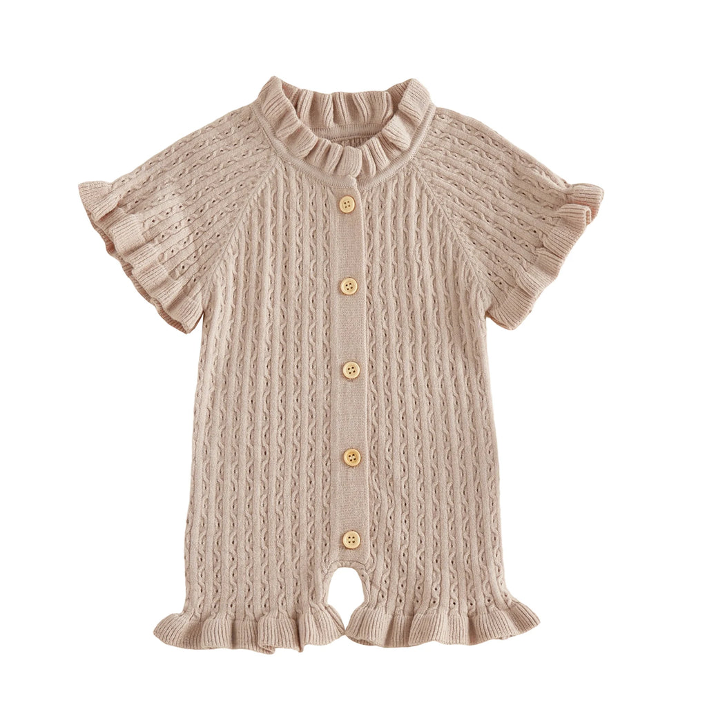 Lioraitiin Newborn Baby Girl Knit Romper Ruffle Trim Short Sleeve