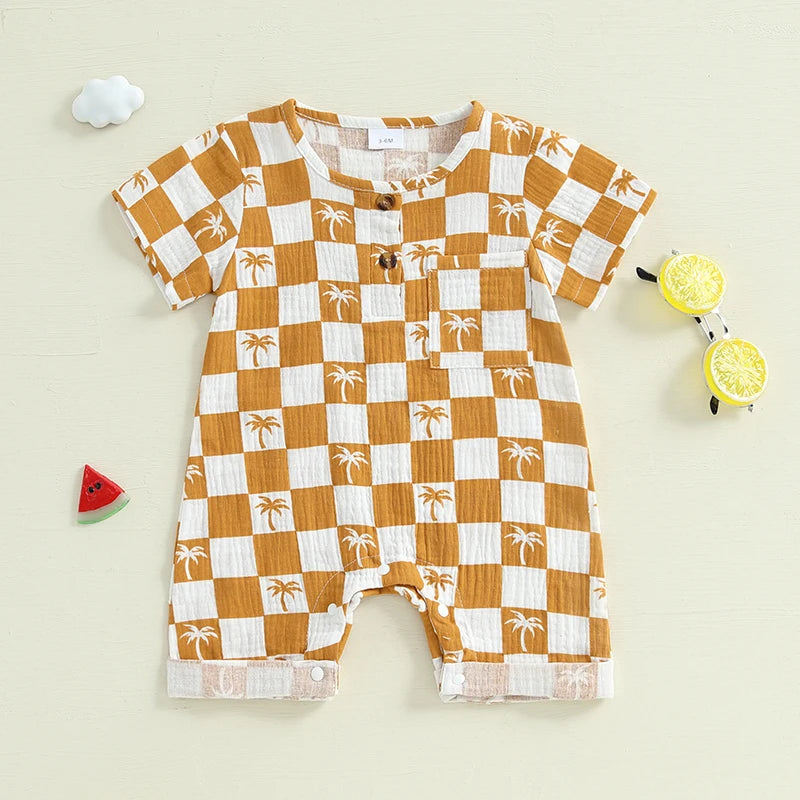 Lioraitiin Newborn Baby Boy Romper Short Sleeve Round Neck Checkered