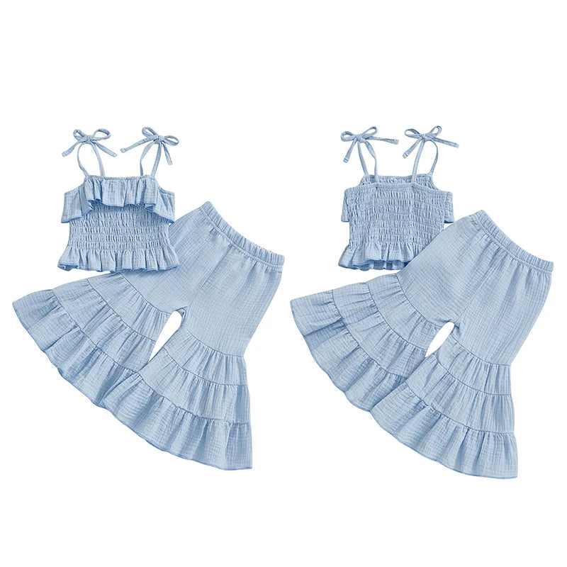 Lioraitiin Toddler Girl Set Sleeveless Smocked Lacing Strap Camisole