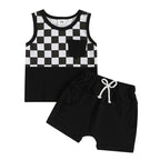 Lioraitiin Toddler Boys Outfits Checkerboard Patchwork Round Neck
