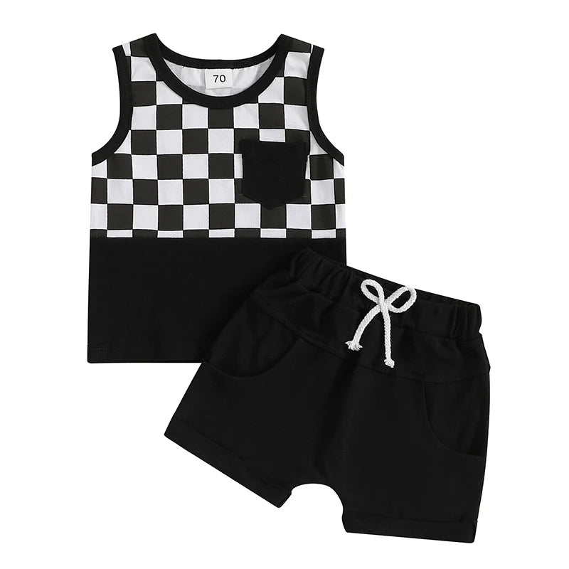 Lioraitiin Toddler Boys Outfits Checkerboard Patchwork Round Neck