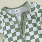 Lioraitiin Baby Boys Romper Checkerboard Print Short Sleeve Round