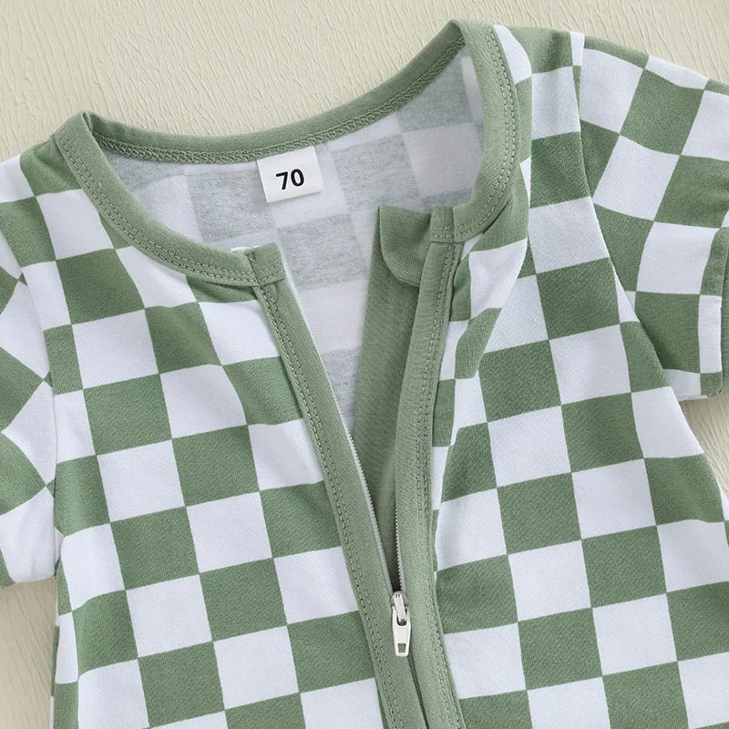 Lioraitiin Baby Boys Romper Checkerboard Print Short Sleeve Round