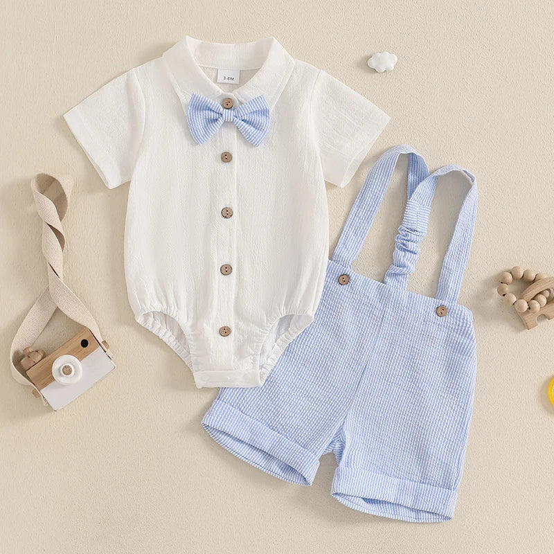 Lioraitiin Baby Boy Gentleman Outfit Solid Color Short Sleeve Lapel