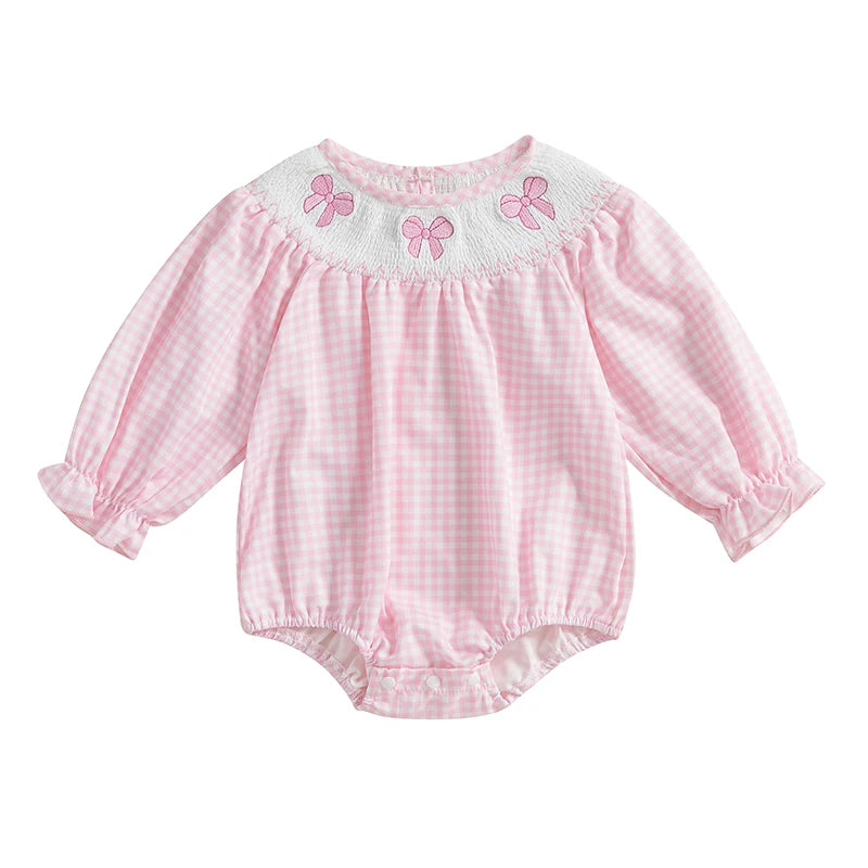Newborn Baby Girls Cute Romper Bow Embroidery Plaid Long Sleeve