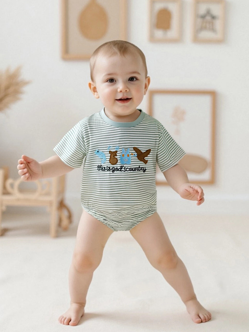 Lioraitiin Baby Boys Rompers Letter Animals Embroidery Stripe O-Neck