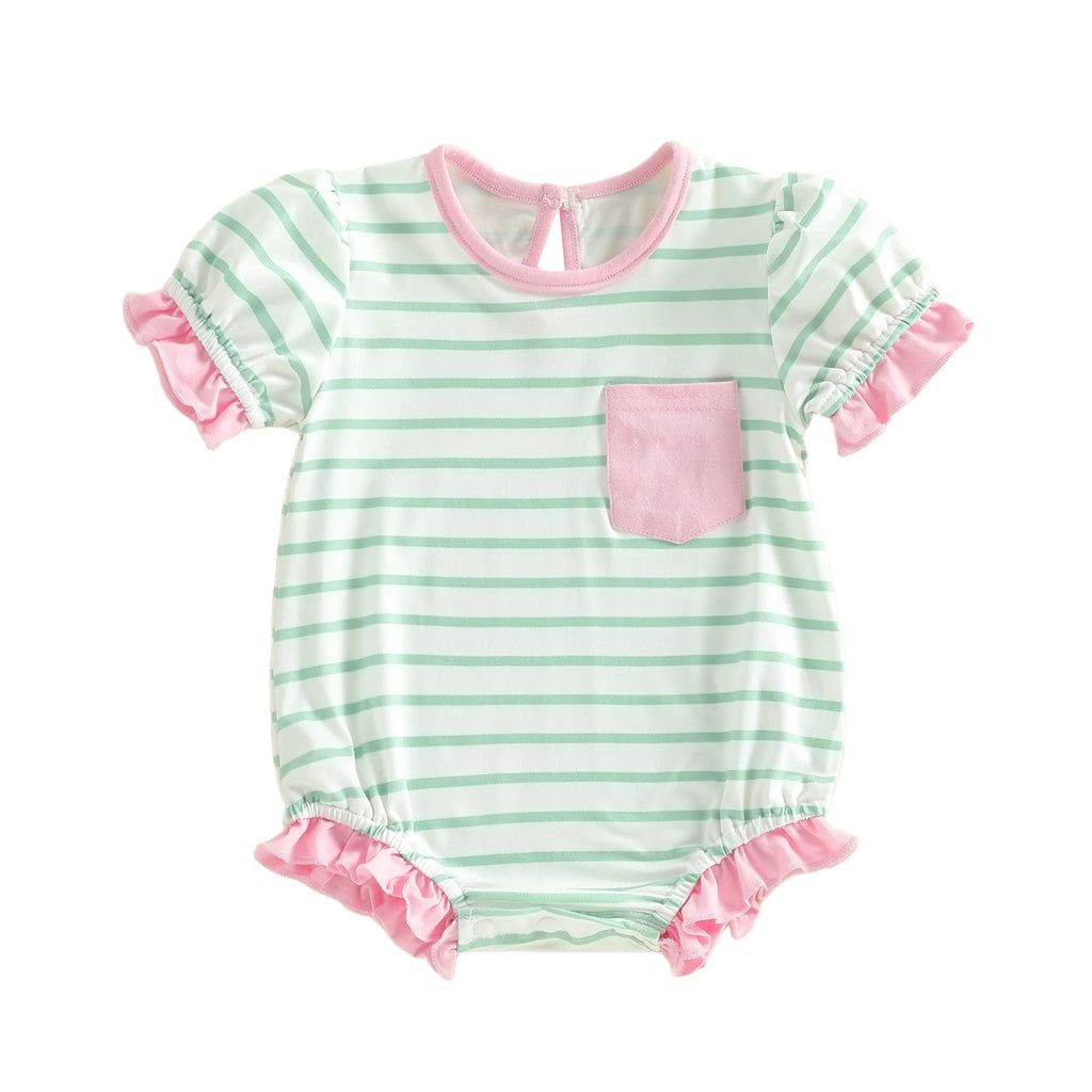 Lioraitiin Baby Girl Striped Romper Ruffle Trim Short Sleeve Crewneck