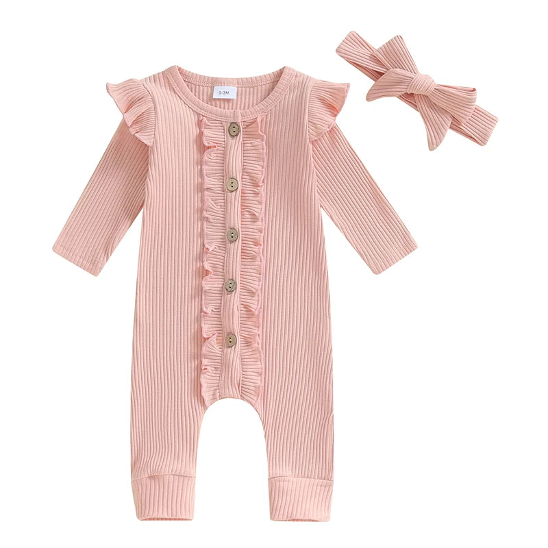 Lioraitiin Baby Girl Rompers Solid Color Buttons Frills Crew Neck