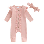Lioraitiin Baby Girl Rompers Solid Color Buttons Frills Crew Neck