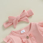 Lioraitiin Baby Girl Rompers Solid Color Buttons Frills Crew Neck