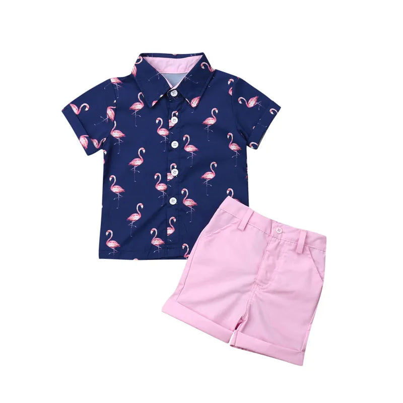 Lioraitiin 1-6Years Toddler Baby Boy Gentleman Flamingo Short Sleeve